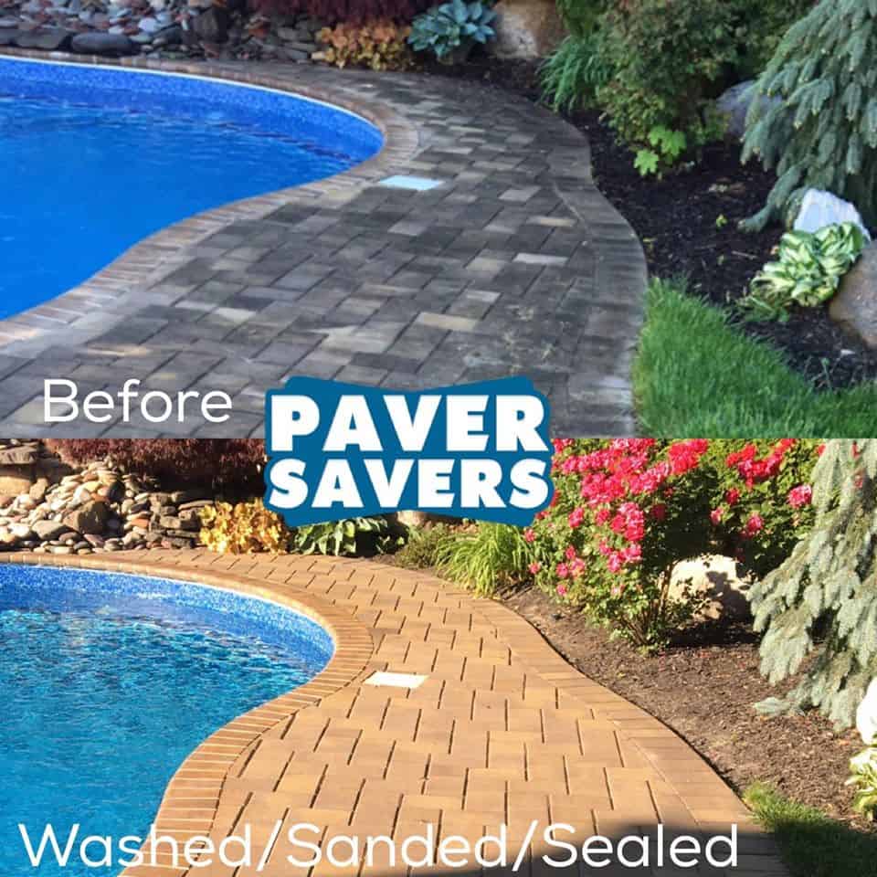 Two images of a poolside patio are shown in a before-and-after comparison by Paver Savers. The top image displays dull, dirty pavers before treatment. The bottom image reveals bright, clean pavers with enhanced color and a sealed finish after professional Paver Restoration Nassau County services.