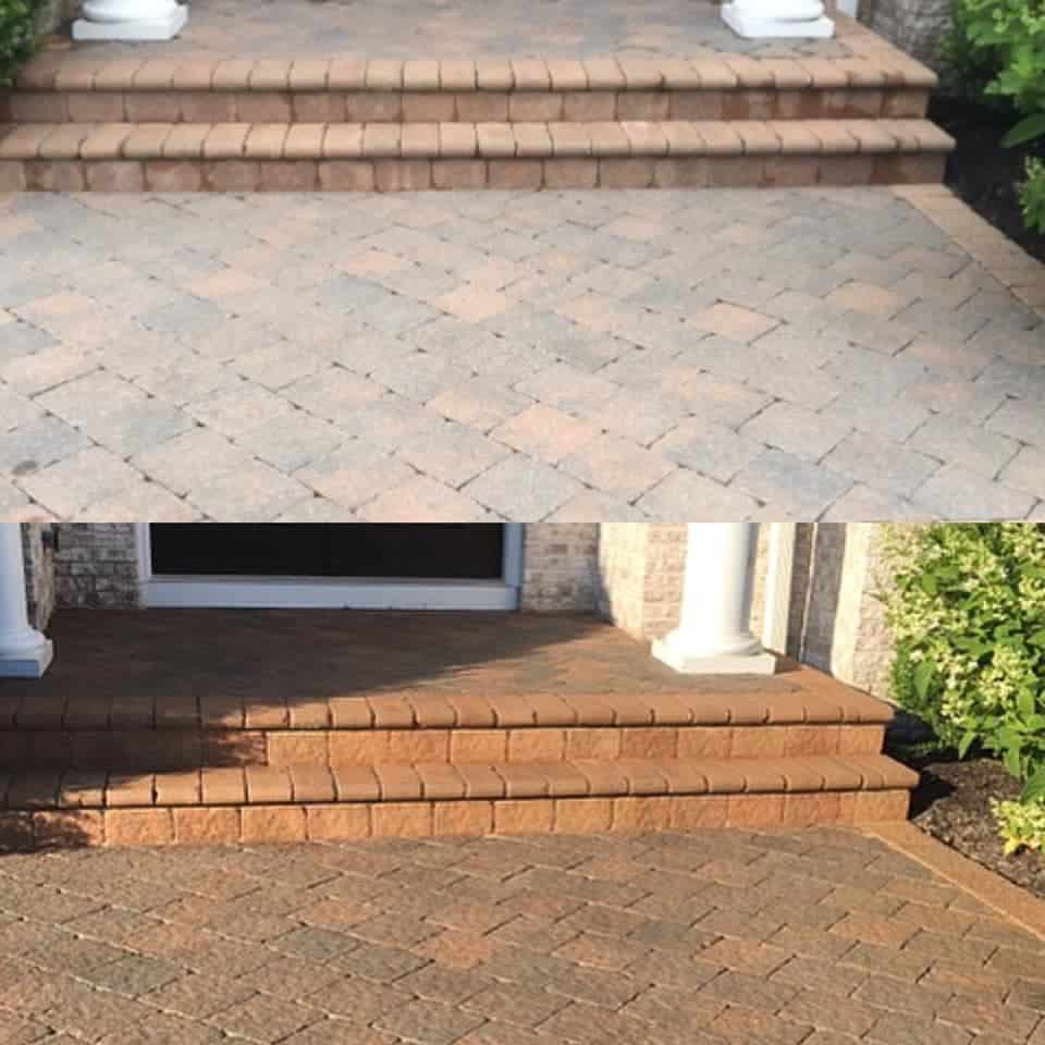 Two side-by-side images of the same brick steps and landing. The top image shows the steps and landing looking faded and worn, while the bottom image reveals them appearing freshly cleaned and brighter after some paver restoration in Suffolk County. Both images feature neatly arranged pavers.