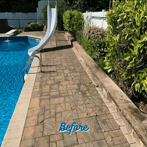 A backyard poolside area is shown with a paved walkway and lush greenery along the side. There is a white slide on the left leading into the blue pool. The word "Before" is written in blue text at the bottom of the image, highlighting potential for paver repair Nassau County services.