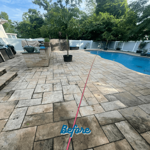 A backyard patio with stone tiles featuring a tropical palm tree, a grill area, and a pool. The area has some furniture and planters, and there is a red rope on the ground. Lush green trees surround the space. Text on the image reads "Before Paver Restoration Nassau County.