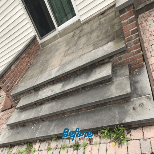 An outdoor patio with brick steps leading up to a sliding door shows signs of wear, dirt, and weeds growing between the bricks. The steps and the tiled area at the top are discolored. The word "Before" is written in blue at the bottom center of the image, highlighting the need for paver sealing in Nassau County.