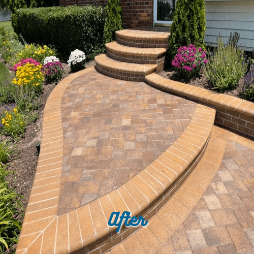 A landscaped garden with blooming flowers and green shrubs surrounds a newly renovated brick patio and stairs leading to a house. The patio, benefiting from expert paver restoration in Suffolk County, features a herringbone pattern with bordered edges and is labeled "After.