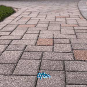A newly paved walkway features interlocking rectangular stones in shades of gray and brown arranged in a herringbone pattern. The image shows a close-up of the clean, neatly laid paving stones with the word "After" written at the bottom, showcasing expert Paver Repair Suffolk County craftsmanship.