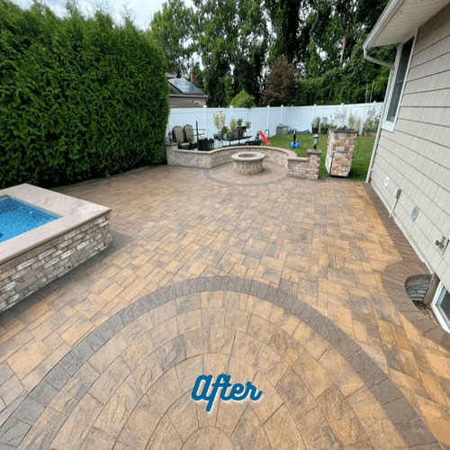 Backyard makeover with new paver patio featuring a hot tub on the left, fire pit with seating area towards the back, and barbecue grill station to the right. This stunning transformation highlights expert paver restoration and sealing in Suffolk County. The word "After" is written at the bottom center of the image.